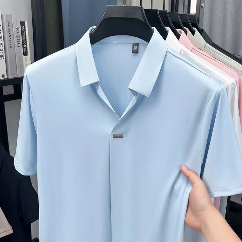 Herren Eisseide Hemd mit verdecktem Knopf, Reverskragen, Kurzarm, Slim Fit, weich, knitterfrei, atmungsaktiv, Sommer-Oberteil – Detail 9