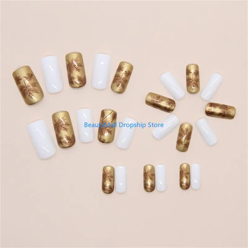 40JD 24 Pieces Autumn Themed Press On Gold and White Glossy Maple Leaves