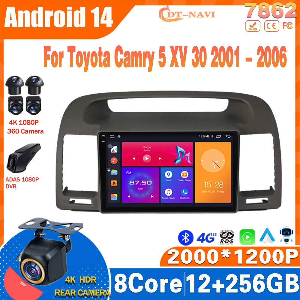 Android14 Car Radio For Toyota Camry 5 XV 30 2001 - 2006 Multimidia Video Player Navigation GPS Carplay Stereo NO 2Din Head Unit