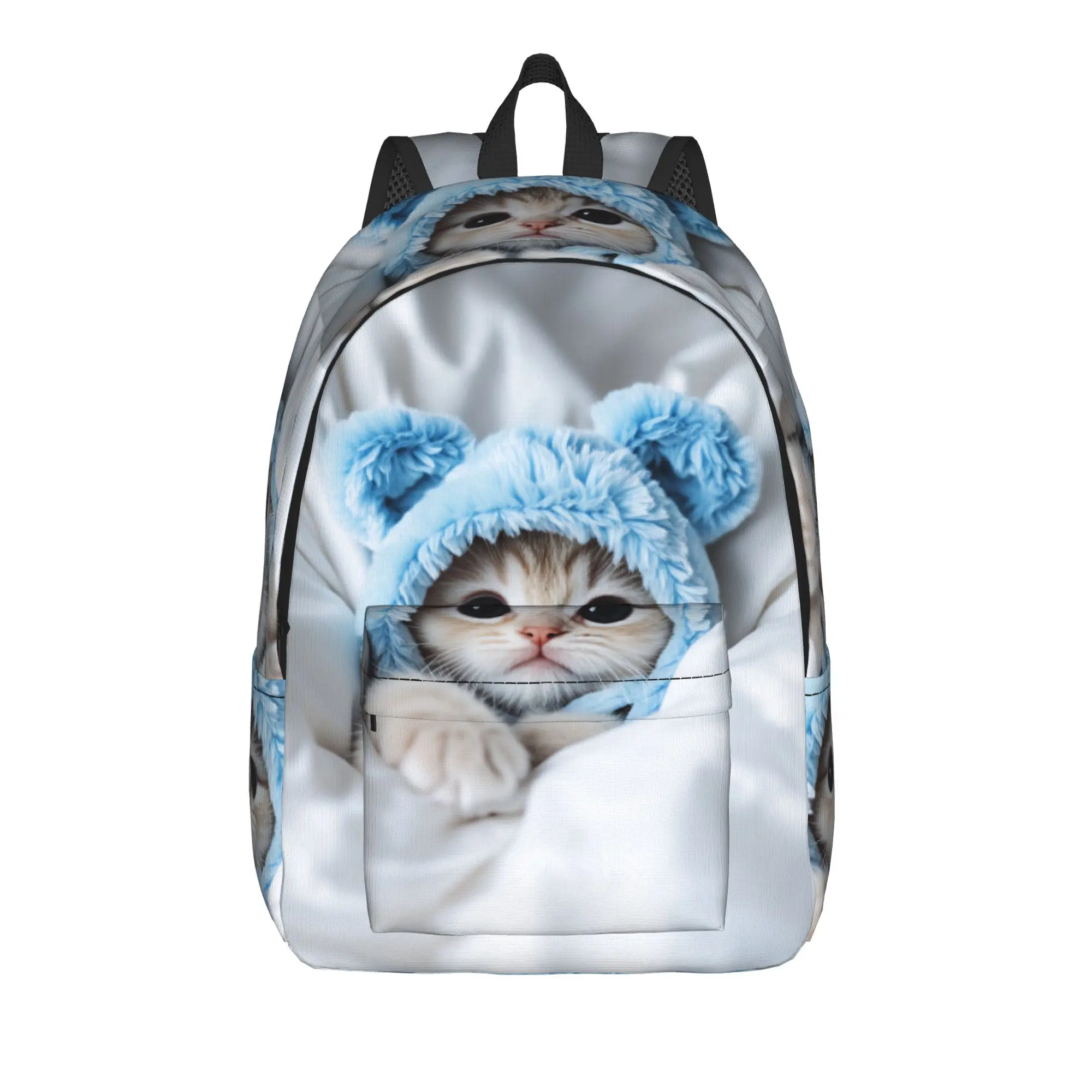 Cute Kitten in Hoodie Backpack  Boy Girl Polyester Outdoor Style Backpacks Pattern Novelty High School Bags Rucksack
