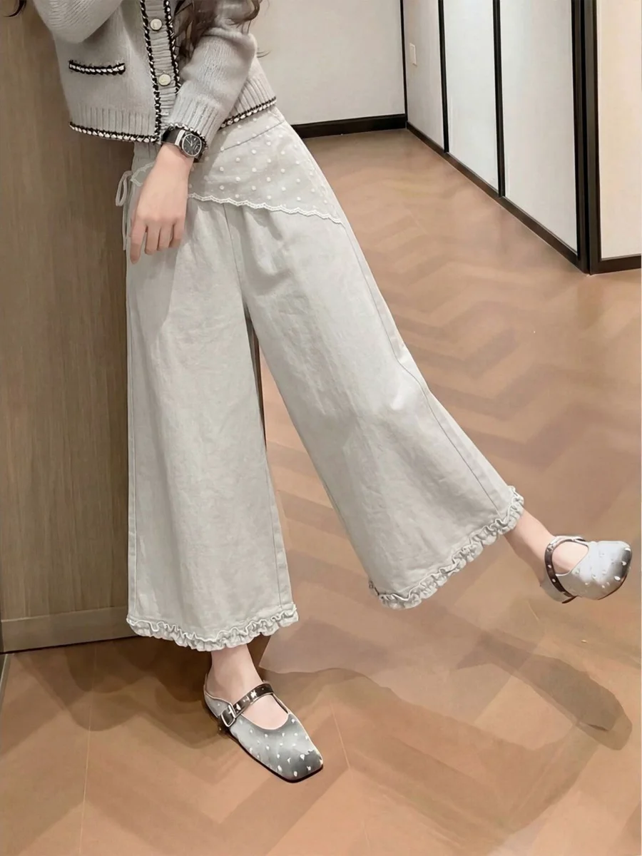 Korean Style Casual Pants Women Summer Loose Drapey Wide Leg Pants Floral Lace Splicing High Waist Cleanfit Wide Leg Trousers