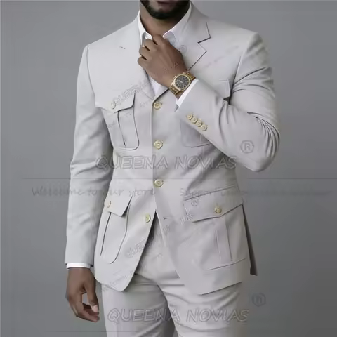 Safari Style Suits Men Single Breasted Jacket Pants 2 Piece Set Groom Daily Party Tuxedos Customzed Terno Masculinos Completo