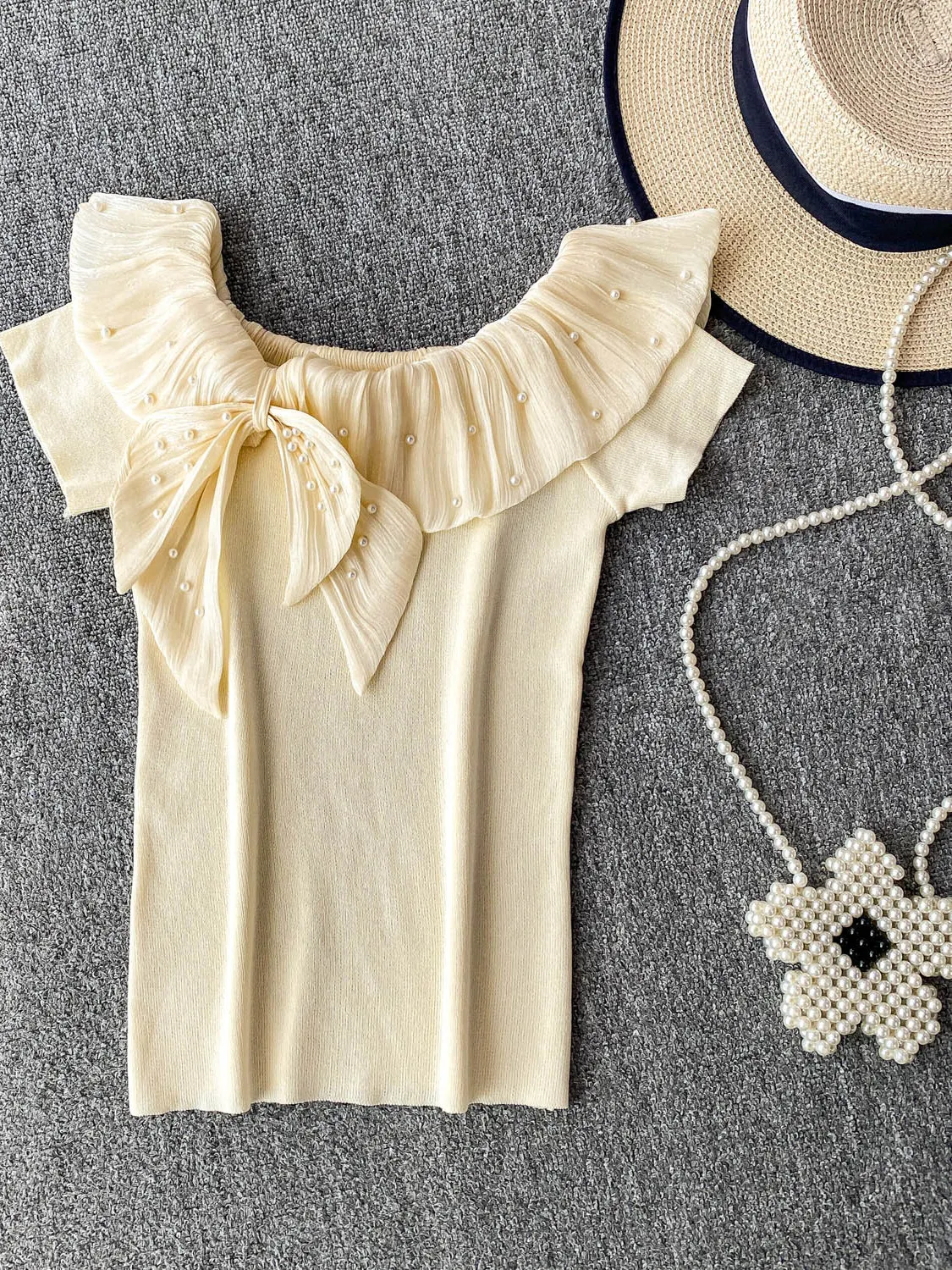 

Trendy Knot off oulder Ruffle Knitted Slim Fit Women's Summer Top Korean Sle Moisture ng ort Sve