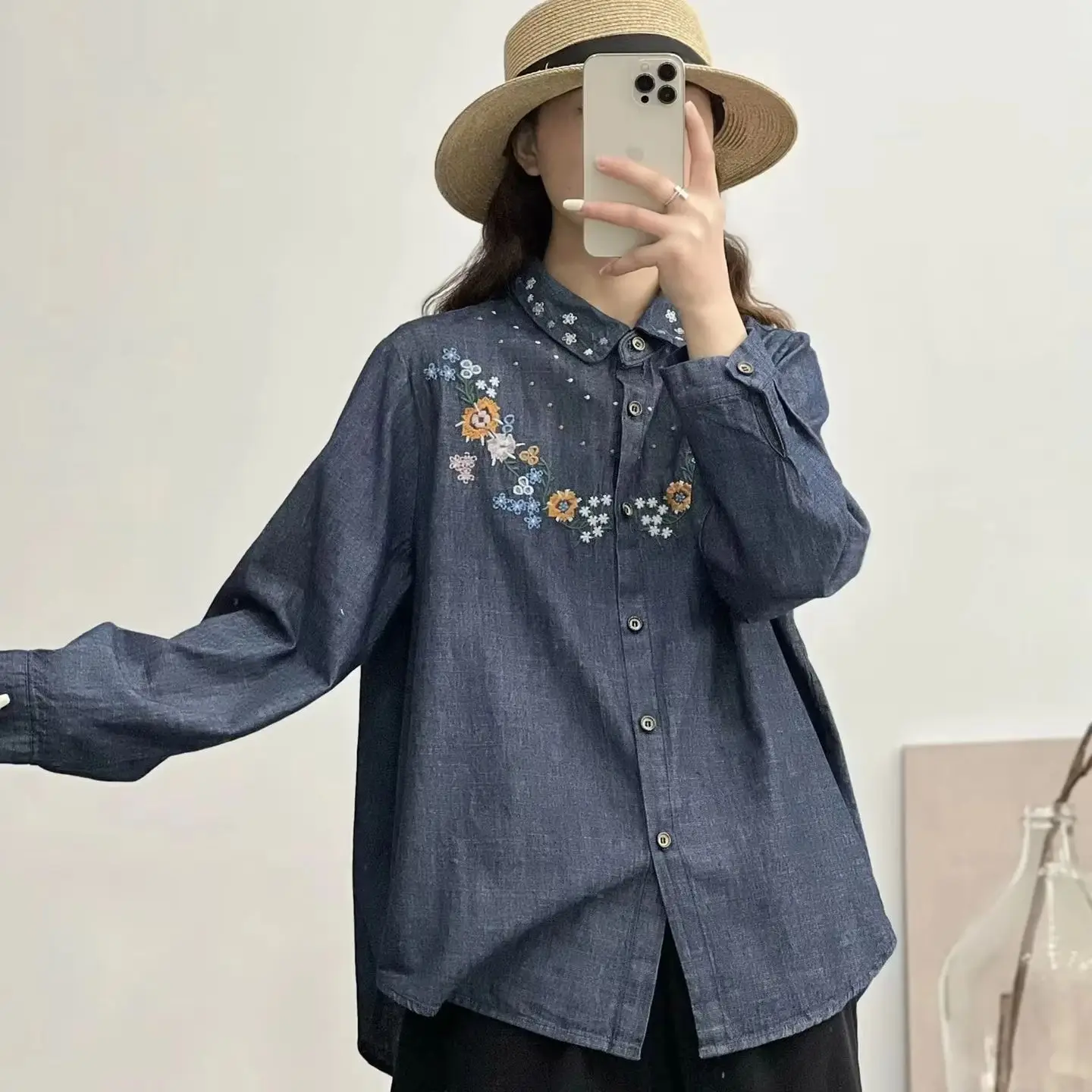 Harajuku fashion denim shirts and blouses for women fall Japan style flowers embroider jean shirts chubby woman vintage clothing