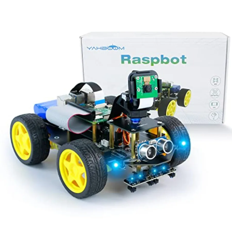 

Raspbot AI Vision Robot Car with FPV Camera for RPi5: educational robotics platform, aluminum alloy chassis, black finish, real