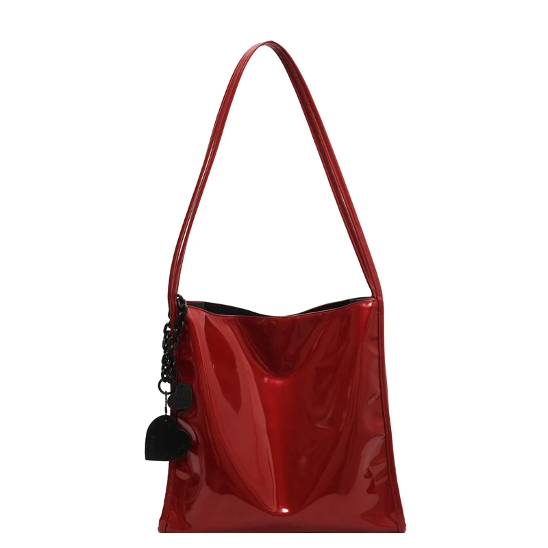 Red Patent Leather Glossy Tote Bag For Ladies Large Capacity Versatile Women\'s Handbags Student Commuting Shoulder Underarm Bags