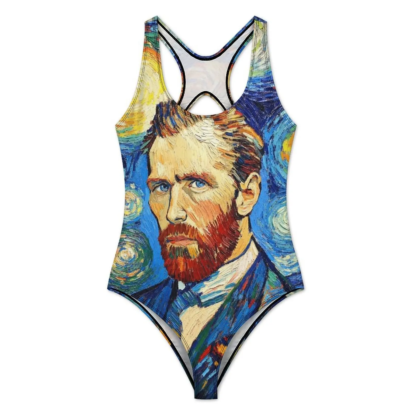 Van Gogh Self Portrait Starry Backdrop Swimsuit Sexy Lady Swimwear One Piece Stylish Bodysuit Sport Push Up Sleeveless Beachwear