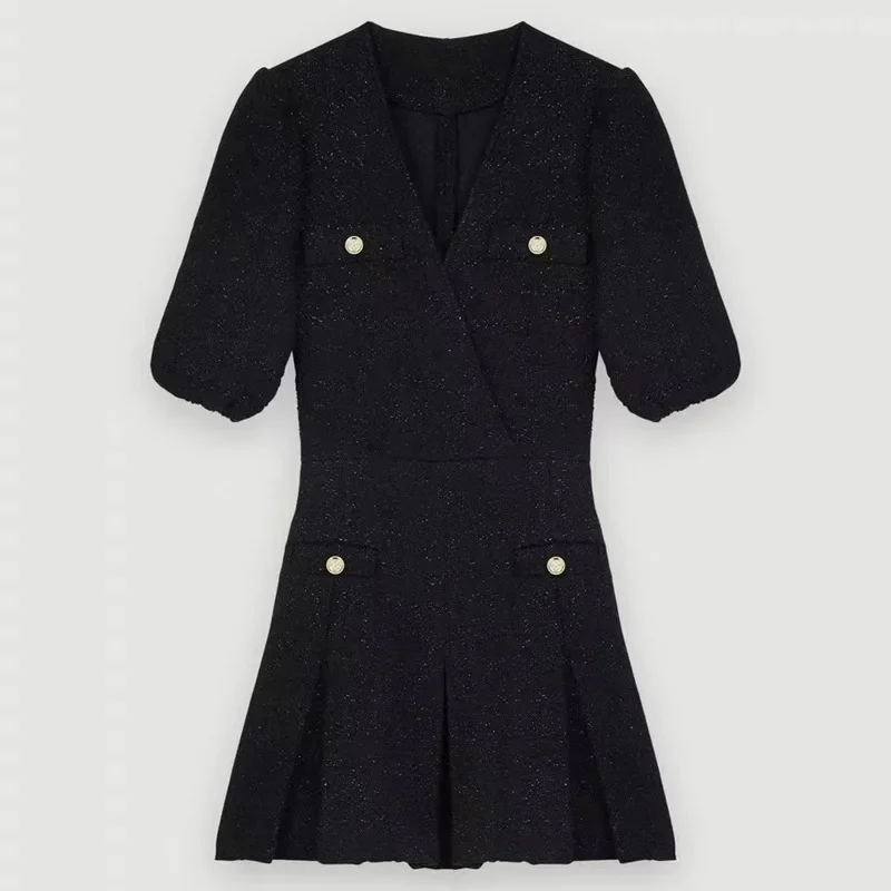 

Women Black Tweed Dress Metal Buttons Short Sleeve V-Neck High Waist Vintage Mini Robe