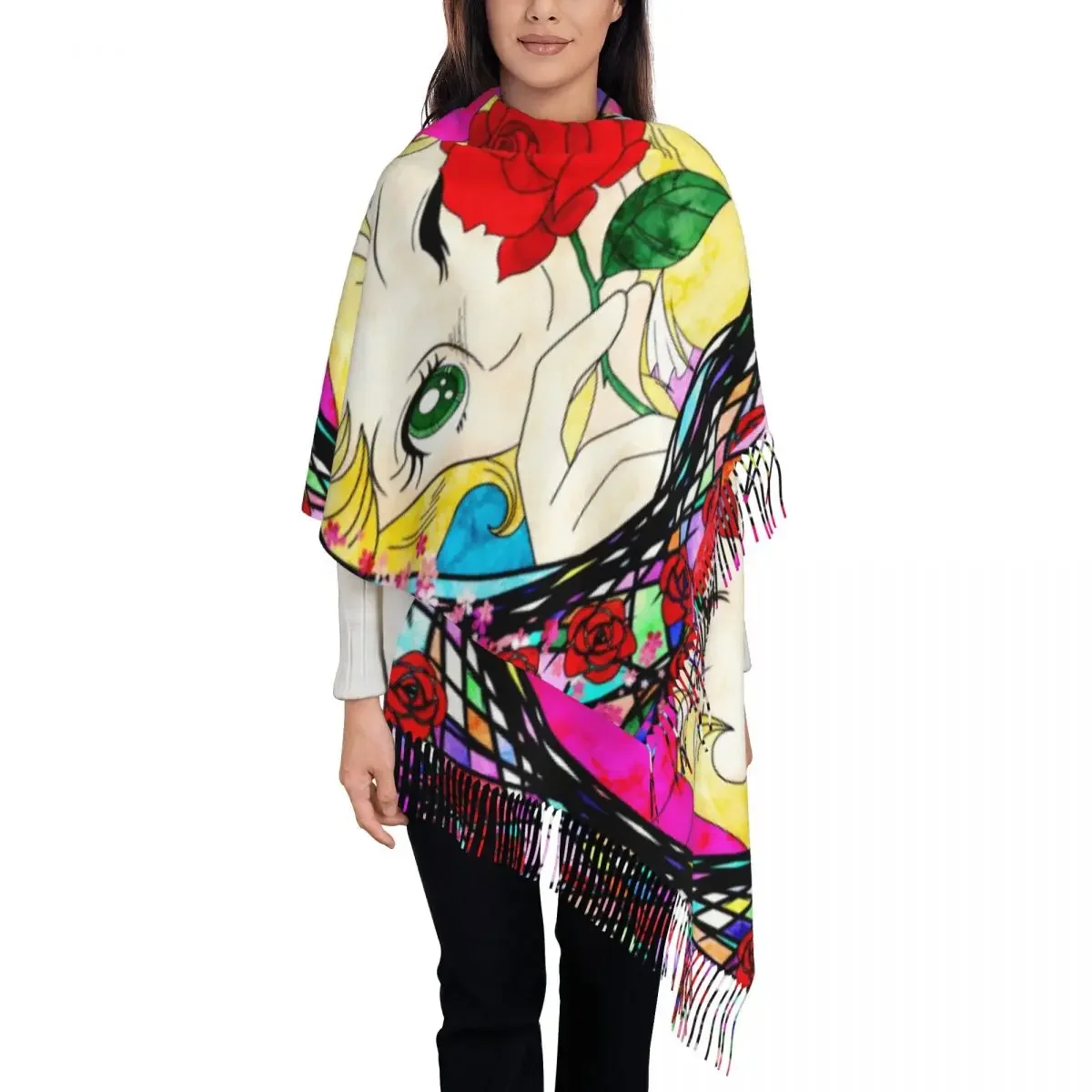 Custom Japan Cartoon Candy  Scarf Wrap for Women Long Winter Warm Tassel Shawl Unisex Anime Manga Scarves