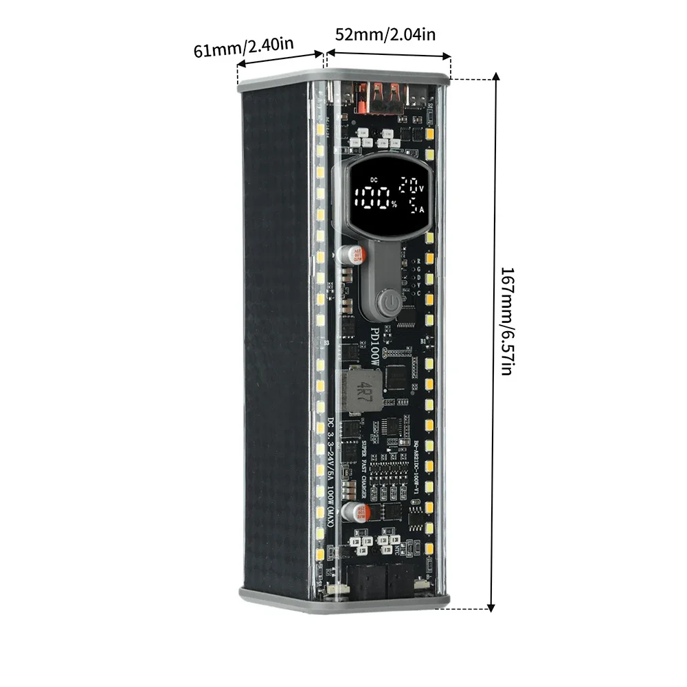 PD100W Transparent Power Bank Case Solder-Free 8-Cell 21700 Battery Holder DC Voltage Regulation High-Brightness LED for Outdoor