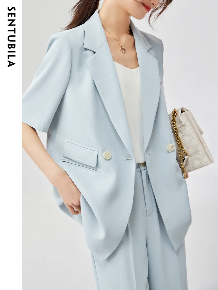 SENTUBILA Blazer Two Piece Pants Sets for Women Summer Office Ladies Short Sleeve Suit Jacket Baggy Straight Pant Set 131Z47112