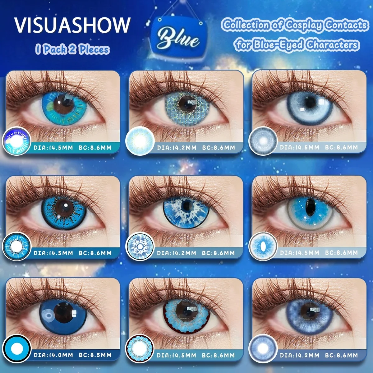 Visuashow 1 Paar Halloween Blaue Farblinsen mit Kleiner Pupille, Jährlich Tragbar, Augenvergrößernd. Perfekt für Cosplay-Make-up, Partys und den Alltag, weich und angenehm zu tragen, für einen schönen