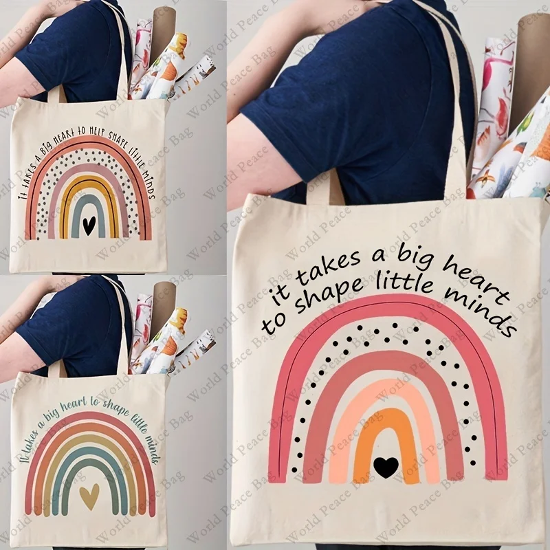 Rainbow Pattern Tote Bag, Casual Canvas Shoulder Bag, Reusable Foldable Storage Tote Bag Shopping Bag, Gift For Teachers