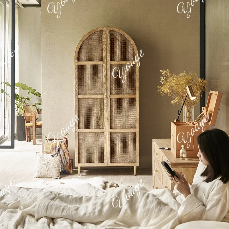 

Wabi Sandy Wind Solid Wood Wardrobe Household Bedroom Rattan Double Door Storage Cabinet Simple Large Capacity Locker with Drawe