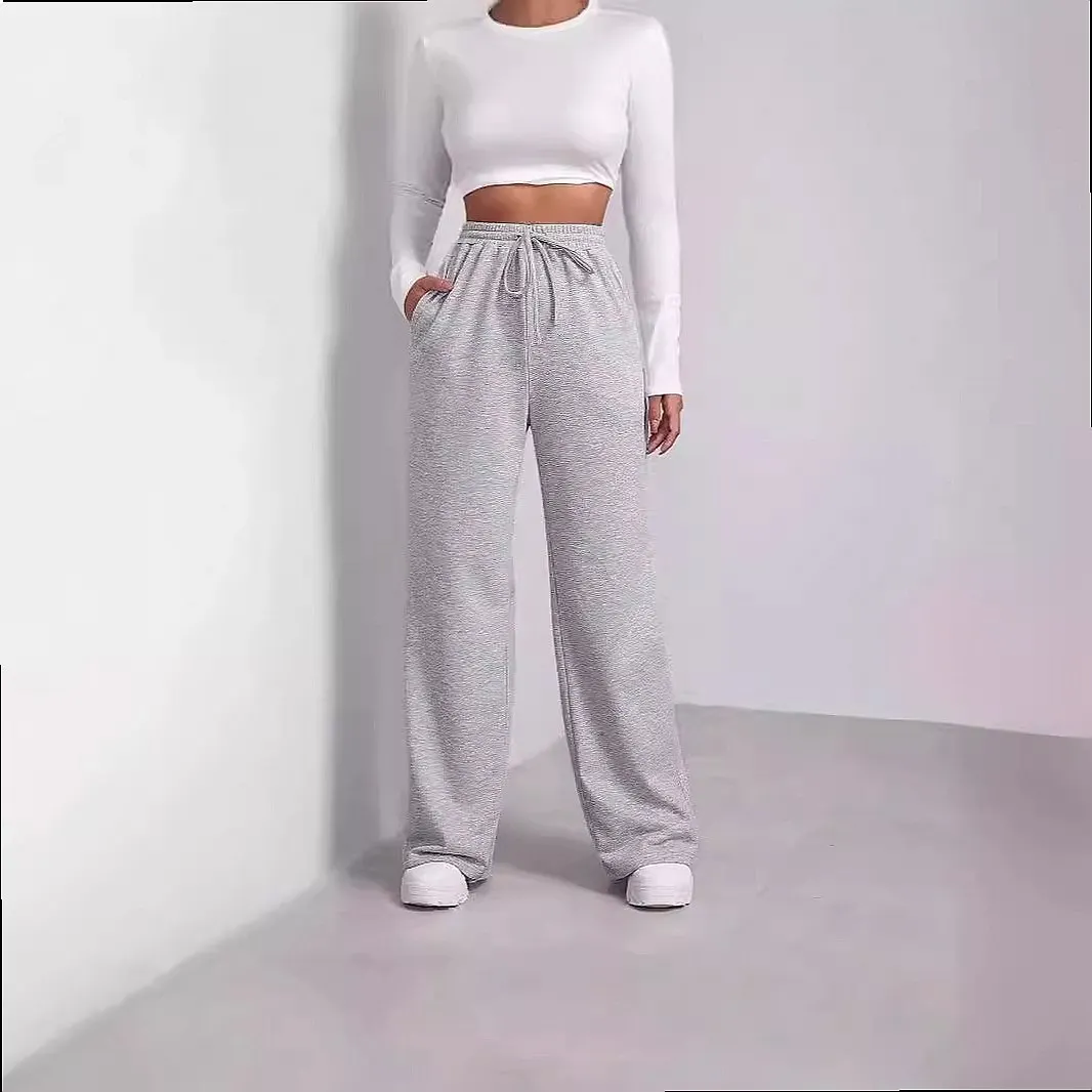 Solid Color Casual Joggers Sweatpants with Drawstring Warm Lined Thin Pants for Women