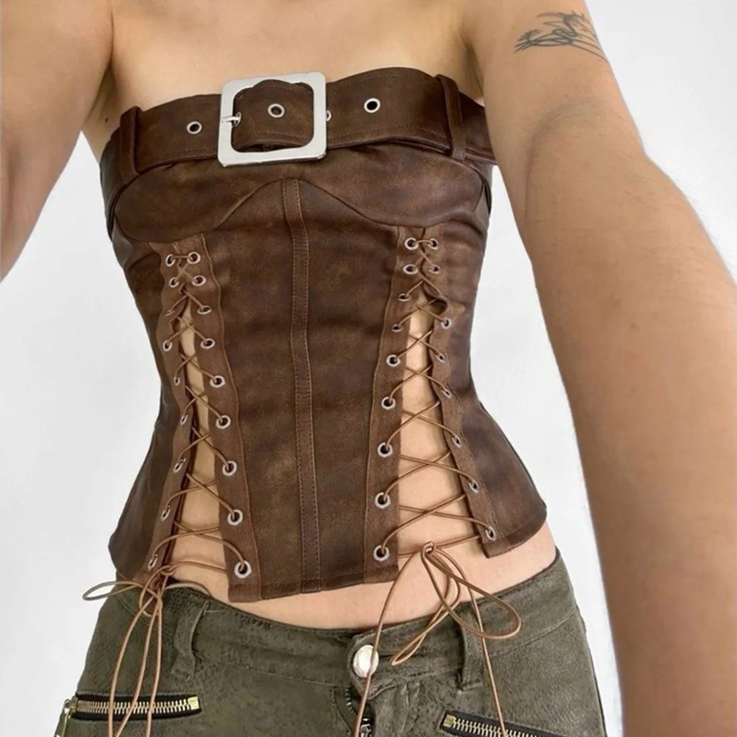 

Grommet Lace Up Strapless PU Leather Tank Tops Women Sexy Y2K Vintage Belt Sleeveless Backless Hollow Out Slim Vests Clubwear