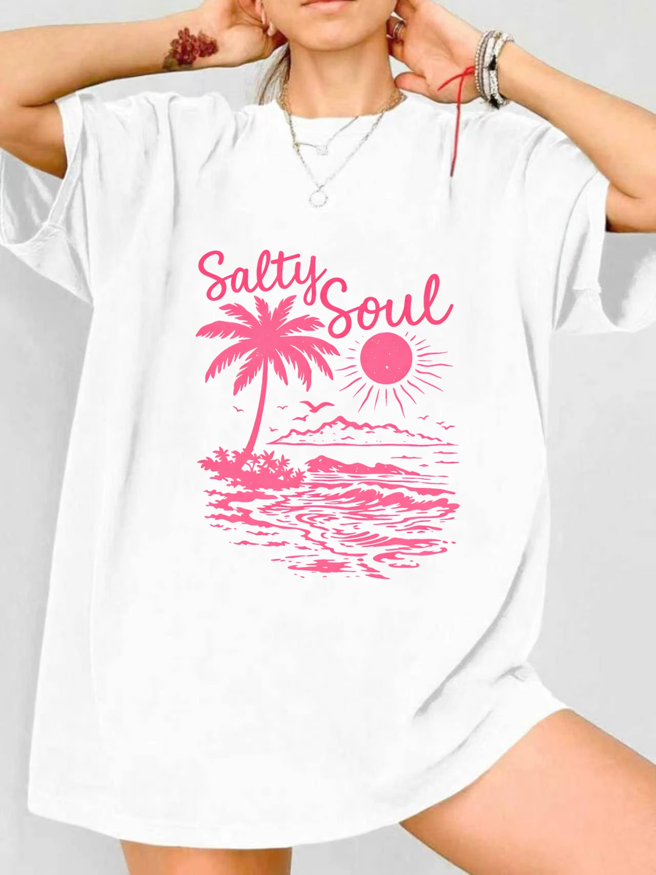 

【JYDX112287】Beach coconut tree print plus size women's round neck summer casual short sleeved street fashion versatile T-shirt