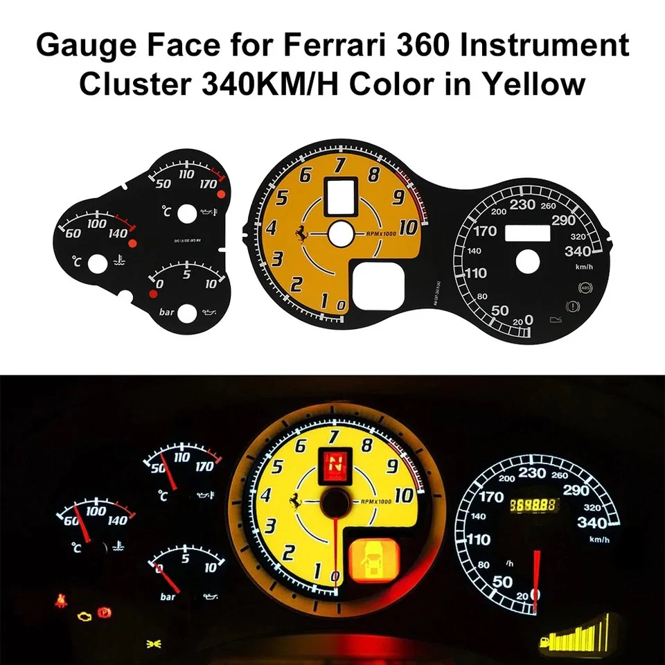 

340KM/H Gauge Face for Ferrari 360 Modena & Spider Instrument Cluster Color in Yellow
