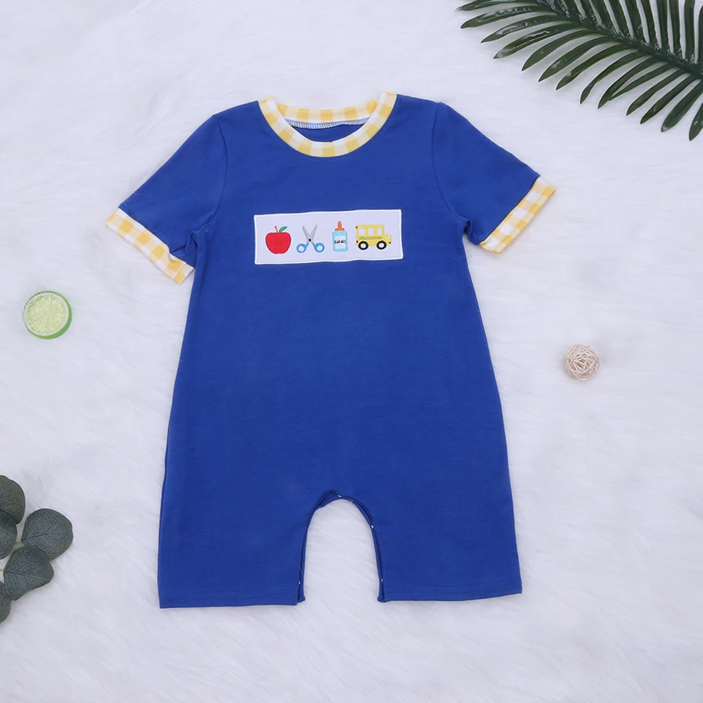 Back To School Season Blue Baby Girl And Boy Jumpsuit Pocket Decorate Bodysuit Apple embroidery Pattern One-Piece Clothes