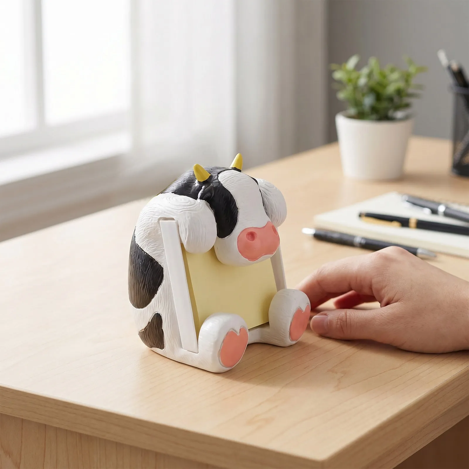 Cow Office Desk Organizer Pop Up Note Dispenser Suction Cup Memo Holder for 3x3 Square Adhesive Notes Cute Resin Desktop Holder