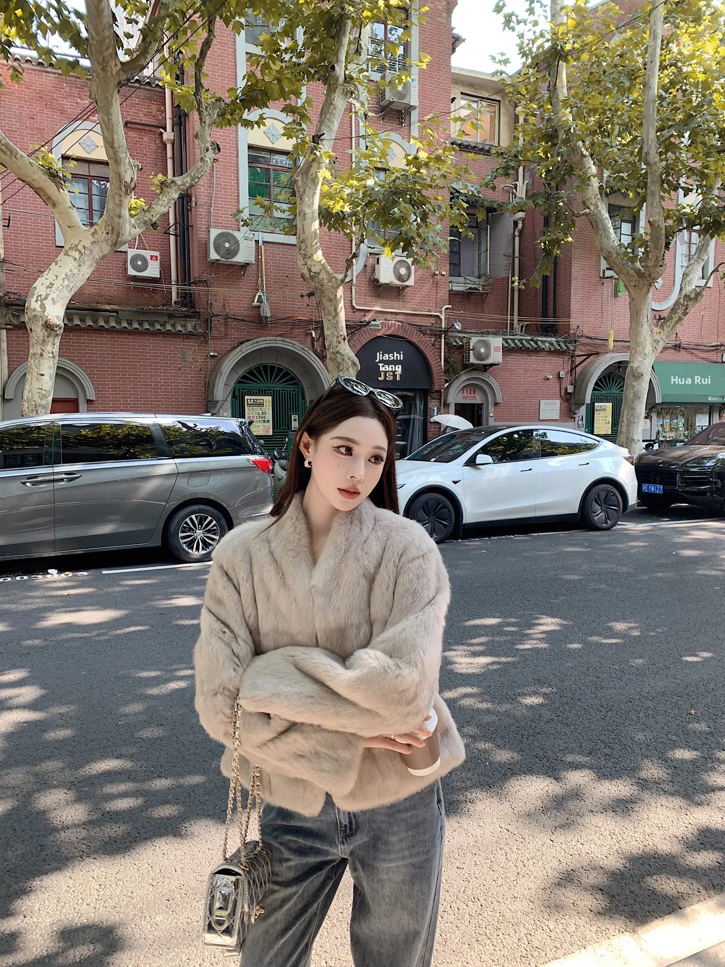 

Commute Holiday adient Dual Tone Angora Rabbit Fur Coat Women's New 2025 Robe Collar Long Sve Stand Fit ort Sle