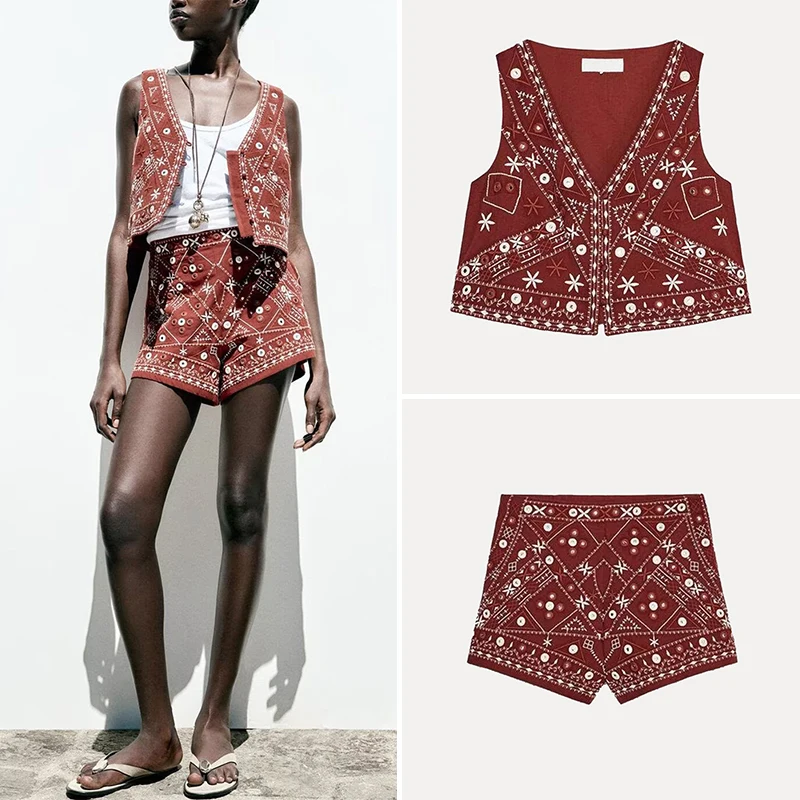 Z 2025 Summer Mirror Effect Embroidery Vest And orts Women's Faion Set Polyester Fiber ort Sve V-Ne Button Cl...