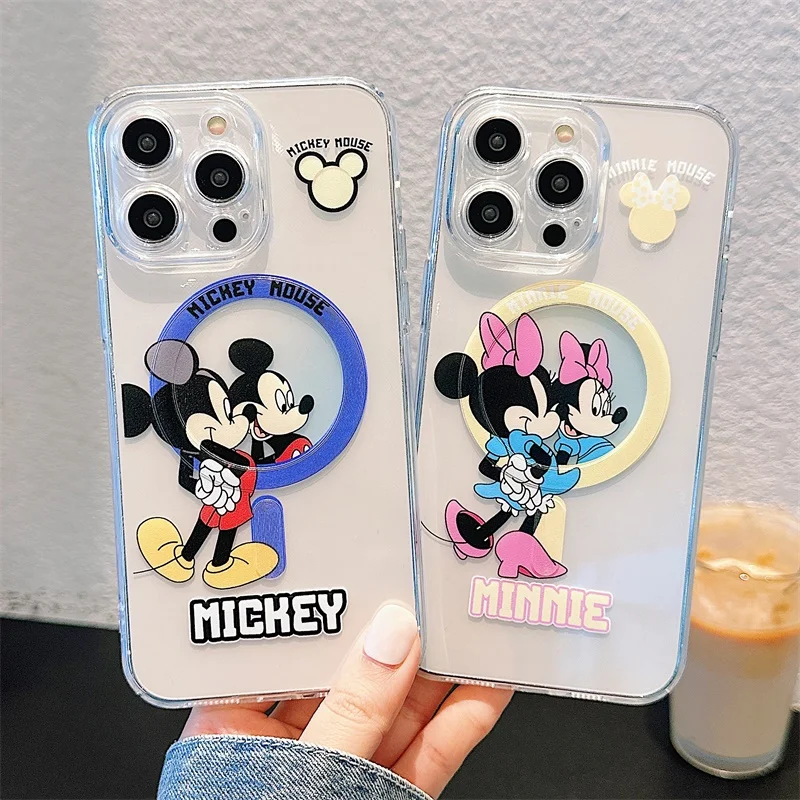 Disney Clear Mickey Minnie Mouse etui na iPhone 14 13 12 11 15 Pro Max do magnetycznej bezprzewodowej animacji ładowania