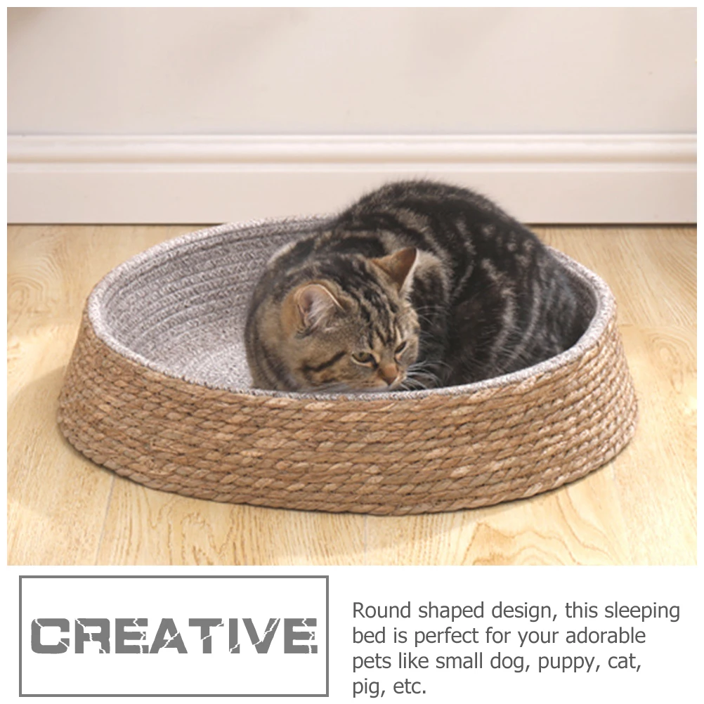 

Rattan Pet Bed Shallow Brown Small Size Dog Cat Nest Hand Woven Durable Comfortable Round Sleeping Bed for Pets