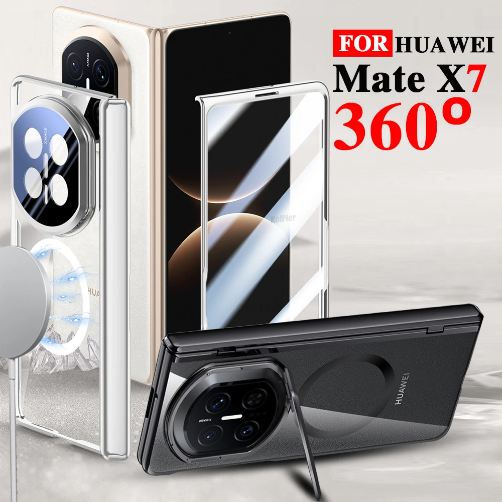 

Luxury Plating Clear Case For Huawei Mate X7 2026 Magnetic Alloy Lens Bracket Holder Transparent Hard Back Cover Casing