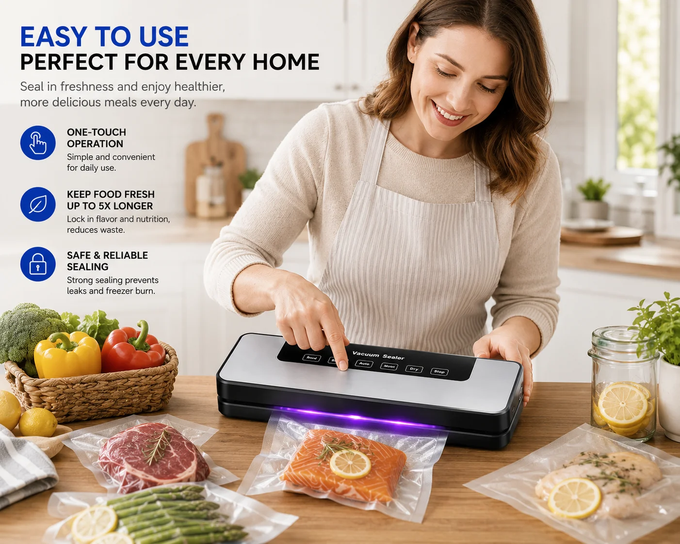 Food Vacuum Sealer Machine - Automatic One‑Touch Vacuum Sealer Machine, Dry