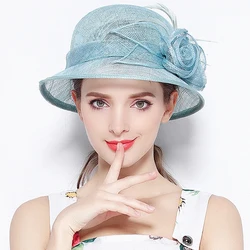 X4124 Lady New Linen Top Hat Elegant and Lightweight Fascinators Hats Brim Fisherman Hat Cowboy Hats Hand-made Flower Millinery