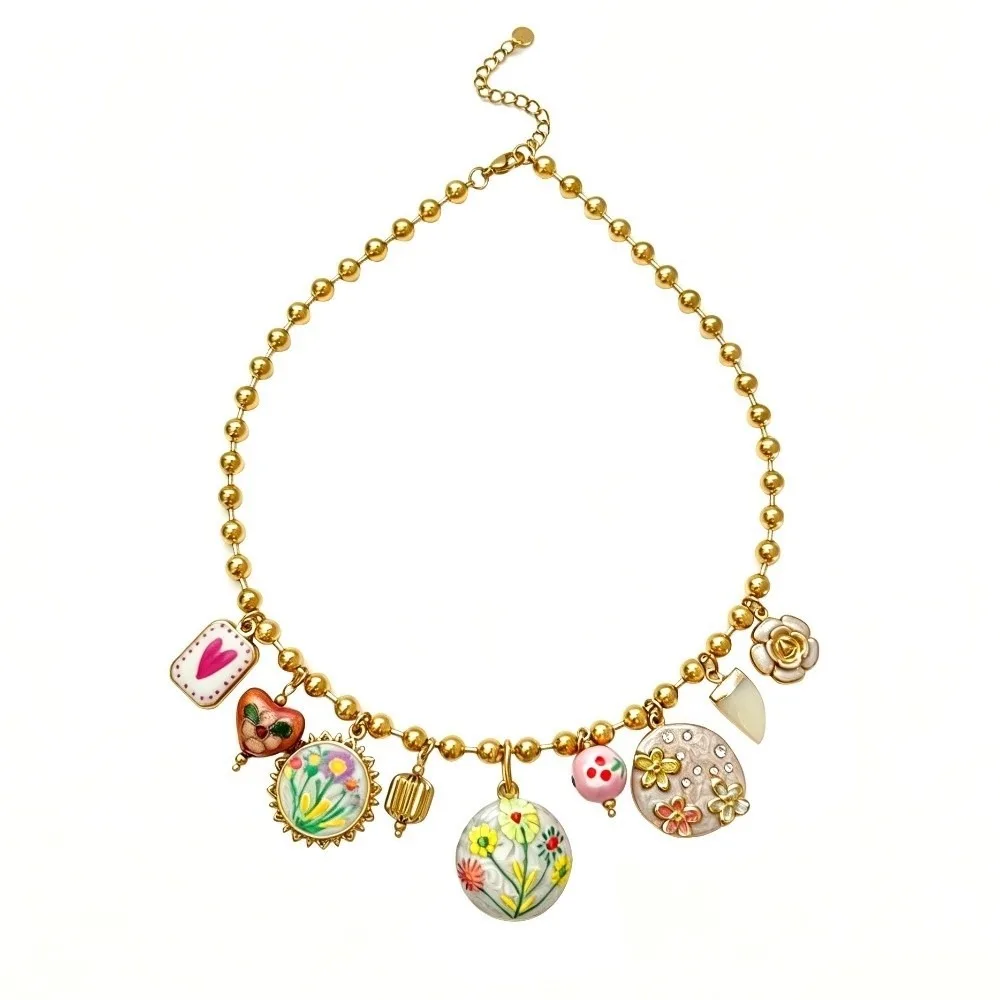 Enamel Ceramic Multiple Pendant Necklace Metal Bead Chain Flower Beads Necklace Stainless Steel Adjustable