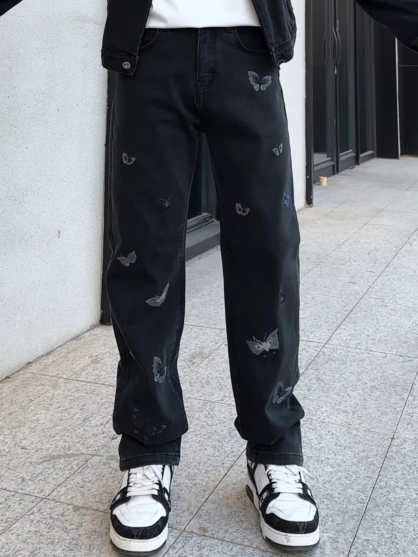 

Cool k Print Men's Jeans Straight Leg Casual Trousers Retro American High Street Small ence Design