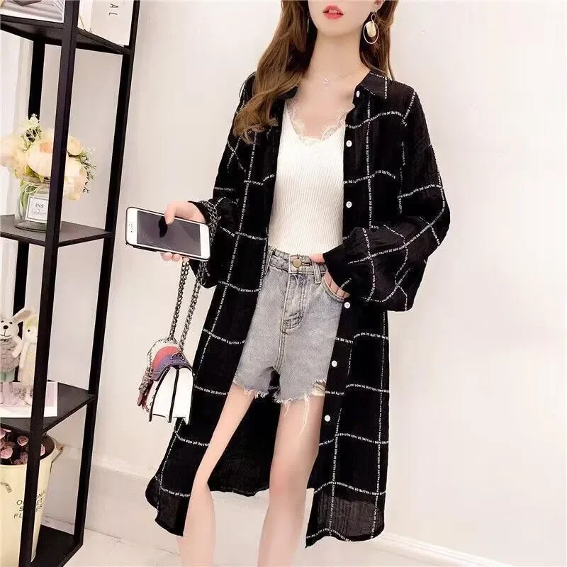 Women's Plaid Shirt Sun Protection Jacket Loose Fit Medium Length Long Sleeve For Summer 2024 Korean Style