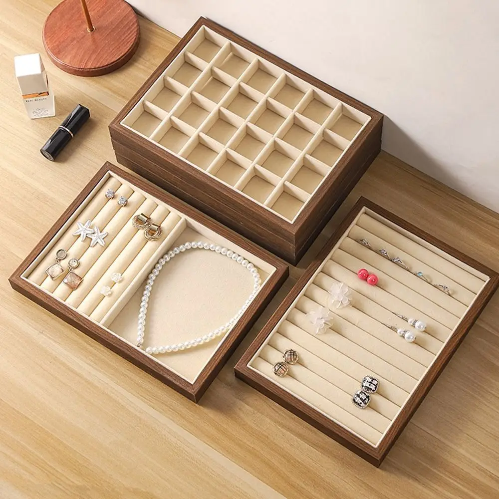 

Walnut Wood Wooden Jewelry Display Tray American Style Multi-Compartment Velvet Walnut Storage Box Dustproof Velvet Lining