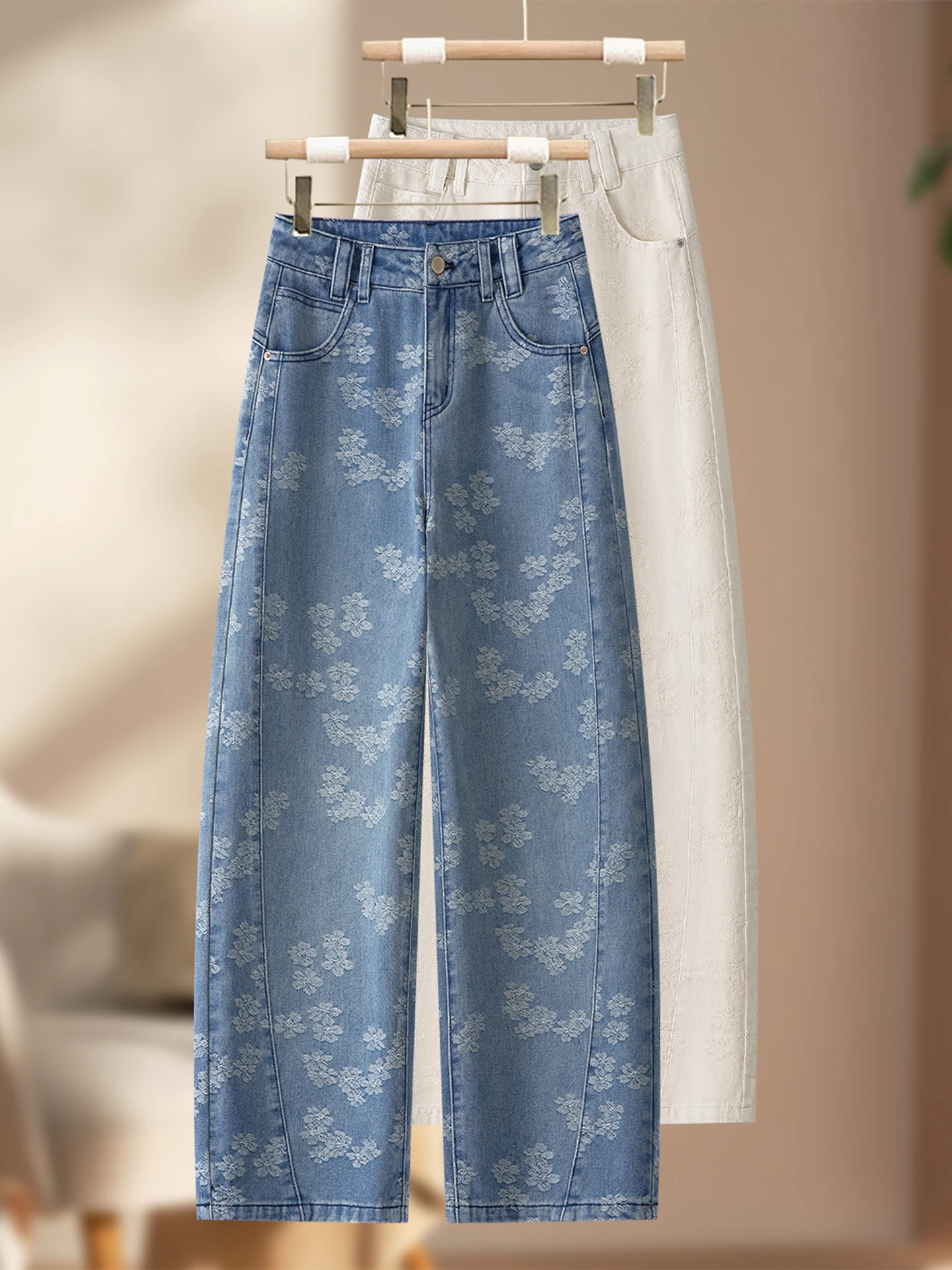 

Floral Embroidery Slim Wide Leg Denim Jeans High Waist Casual Spring Autumn Women's Fashionable Popular New Style Jeans