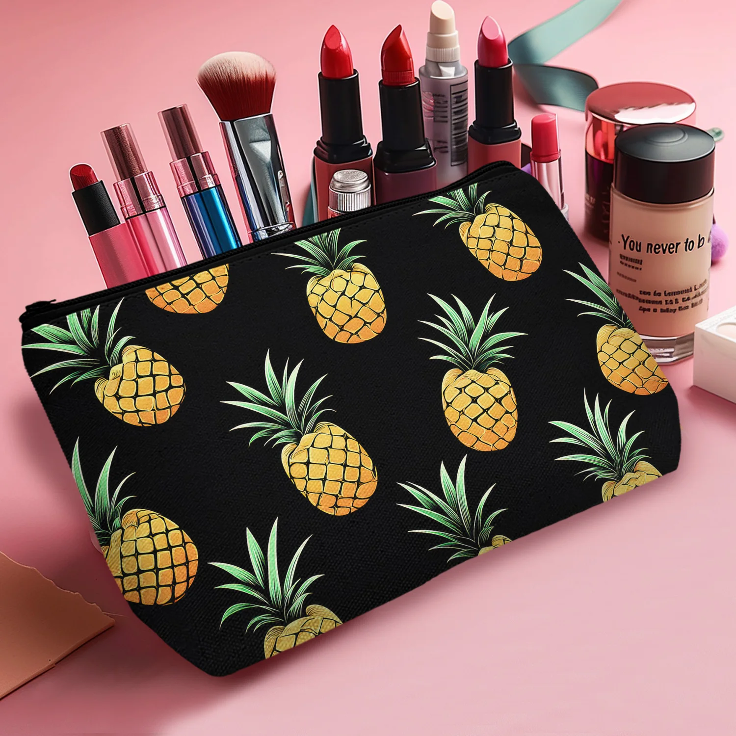 1Pc Delicious Fruit Travel Makeup Bag Cosmetic Bag Pineapple Black Background Fashionable Artistic Cosmetic Bag A 8.66X5.51Inch