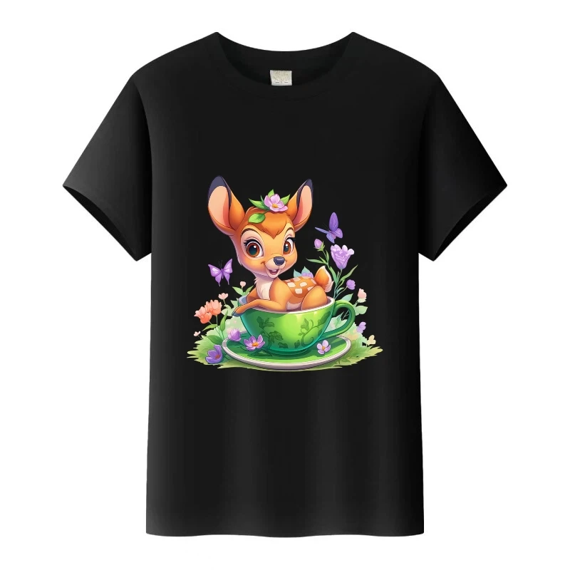 

Детская футболка с принтом Бэмби Диснея, черные топы для девочек, женская футболка с короткими рукавами, унисекс, мужские свободные блузки, футболки для мальчиков, дешевая одежда