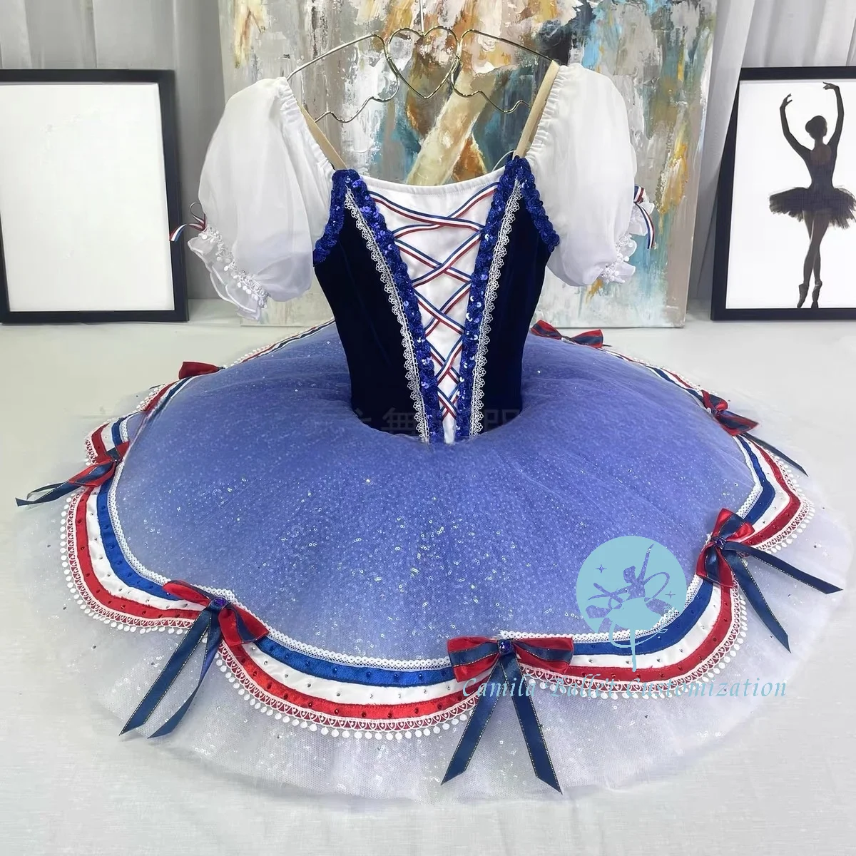 

Элитная индивидуальная новая юбка-туту с синим градиентом и принтом «Парижский огонь» для балетных выступлений, для взрослых и детей.