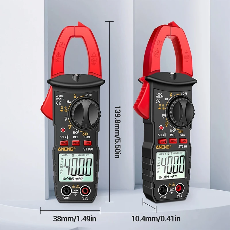 ST180 clamp type multimeter ammeter kit, measuring current, capacitance resistance, NVC detection, diode continuity duty cycle.