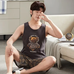 Mens Vest Lounge Wear Fashion Cotton Pajamas Summer Short Pants Pj Set Cartoon Printed Stylish Plaid Homewear 3xl 4xl Nightwear