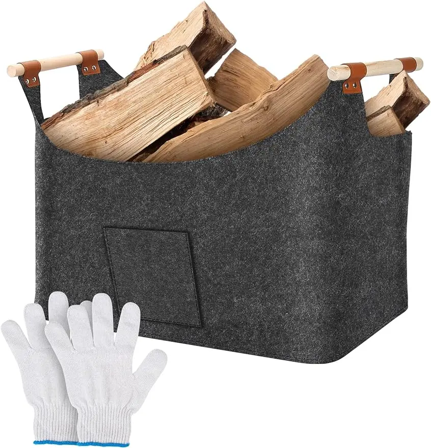 Firewood Box Felt Basket with Wooden Handles Large Capacity Foldable Wood Basket for Fireplace & Wood Stove