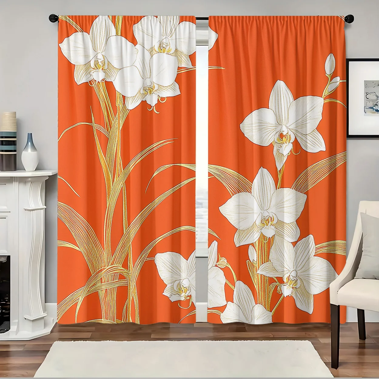 2 Panels Orange White Orchid Flower Print Curtains, Polyester Drapes for Living Room Bedroom, Gold Leaf Floral Window Decor