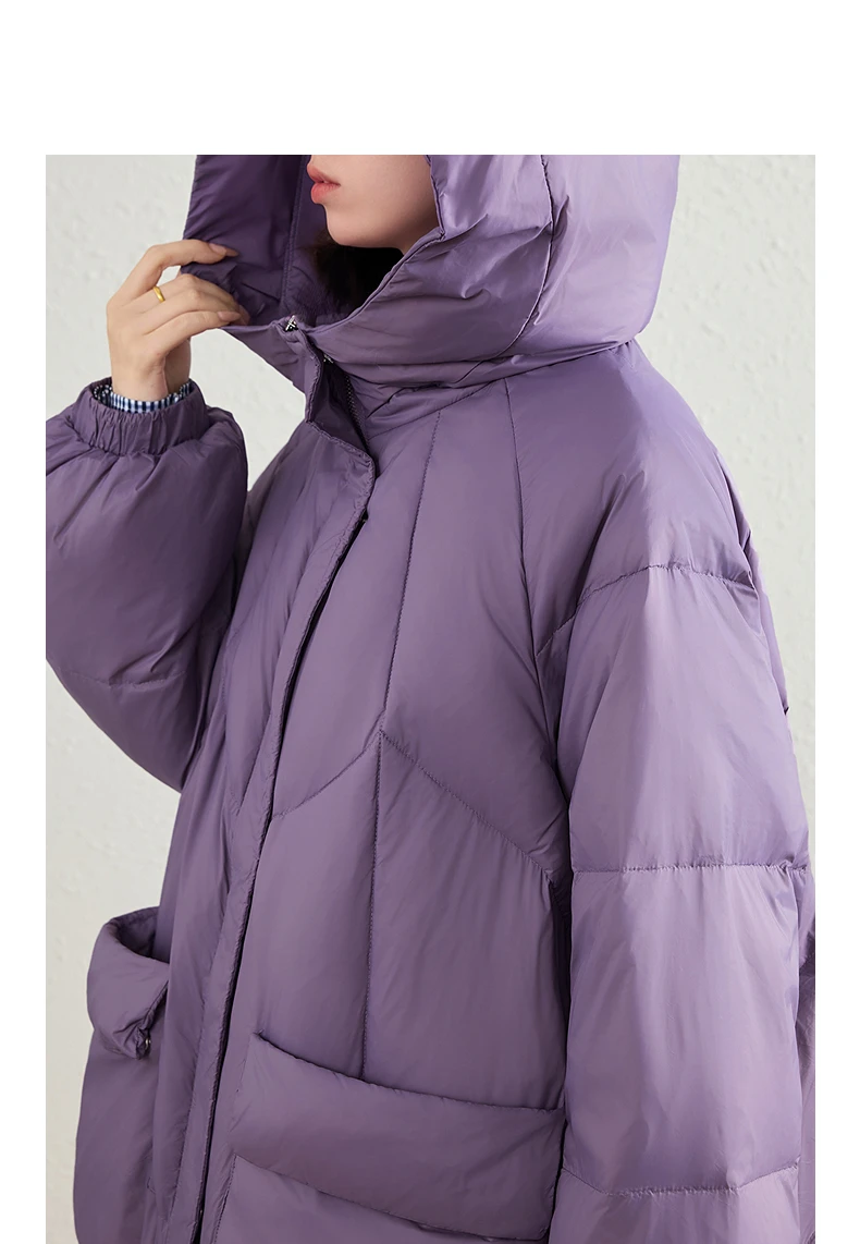 TOYOUTH Womens Down Jacket 2026 Winter New 90 White Duck Down Purple Hooded Large Pocket Warm Long Outerwear