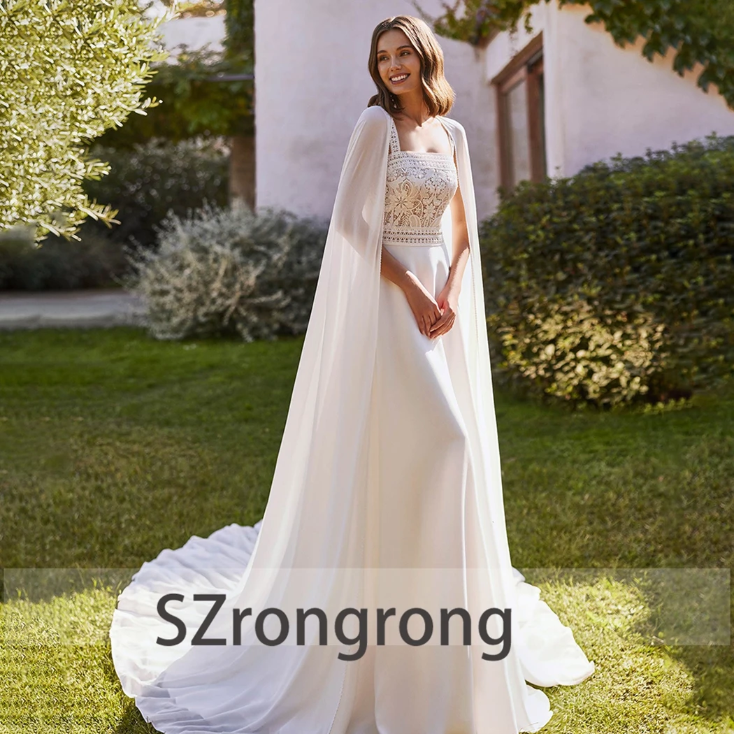 

Customized Square Collar A-line Bohemaid Wedding Party Dress Open Back Floor Length Cape Beach Bridal Gown with Court