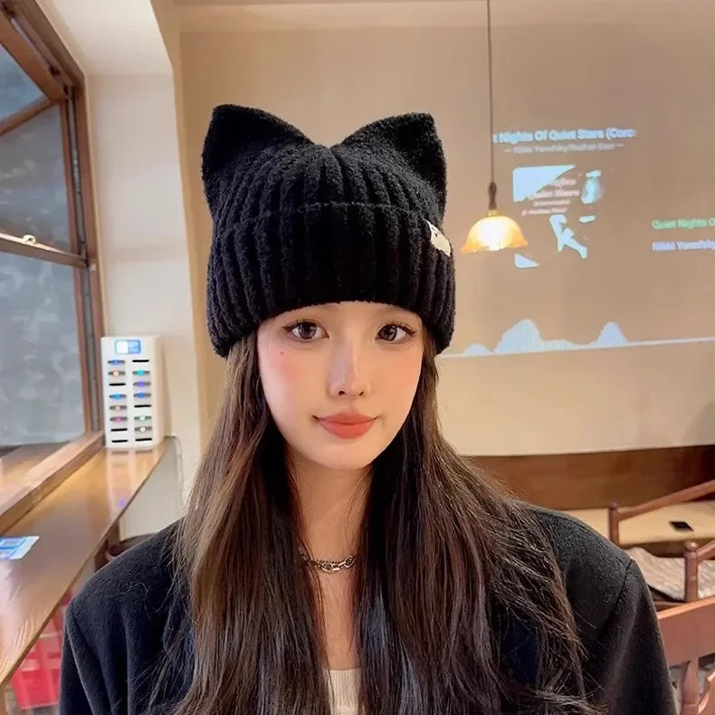 2025 New Hot Sale Cute Dandy Hat Cat Ear Kpop Style Beanie Hat Sweet Autumn/Winter Hats For Women Street Simple Warm Hats