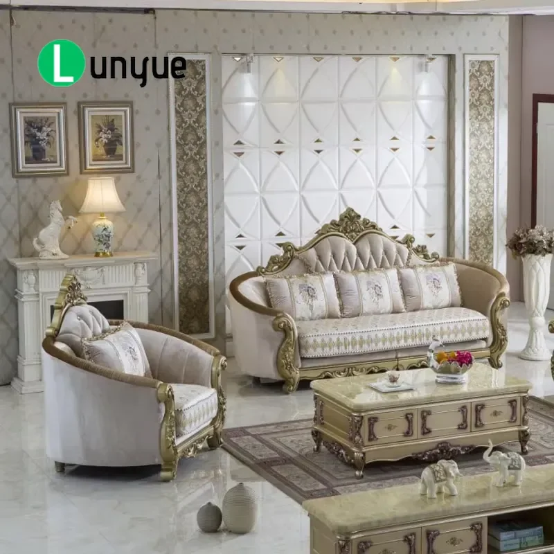Classic European Wood Fabric Sofa Set High Quality Large Soft Armrests Luxury Living Room Furniture Comfortable Durable Home