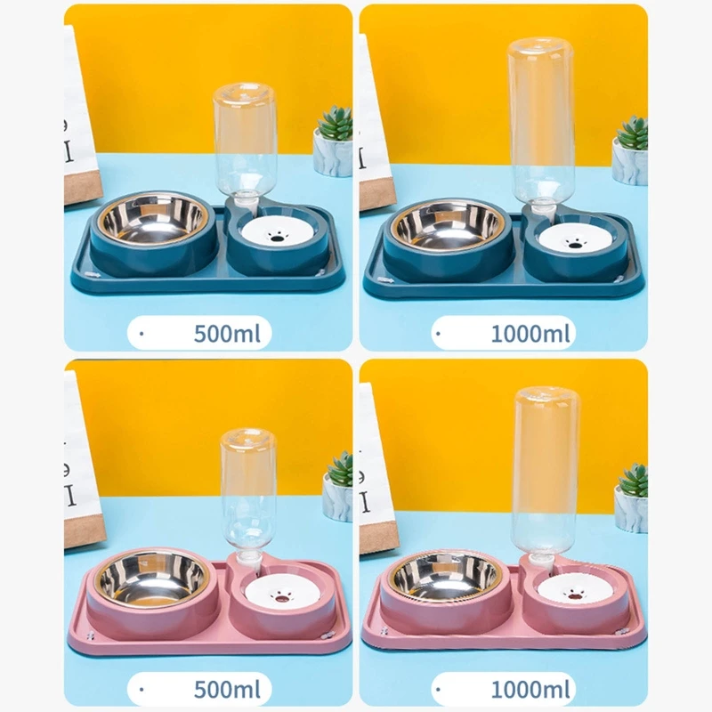 Automatic Pet Cat Feeder Waterer Detachable Dog Cat Stainless Steel Bowl Anti-Leak Water Fountain Slanted Raised Cat Food Bowls