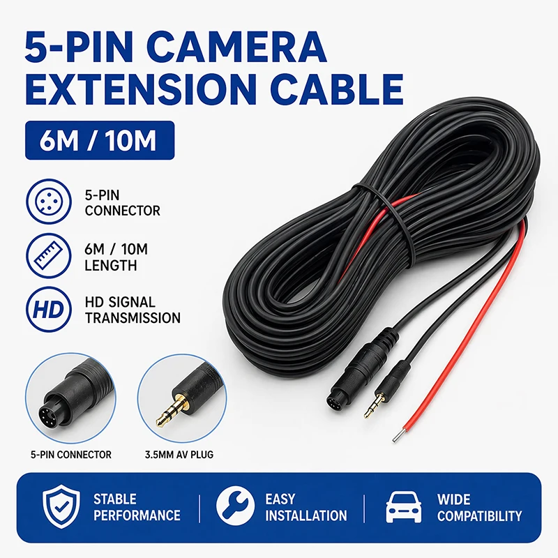 5 Pin 6M 10M HD 480P Car Video Surveillance Extension Line Waterproof Sunscreen Extension Video Cable For Vehicle Camera