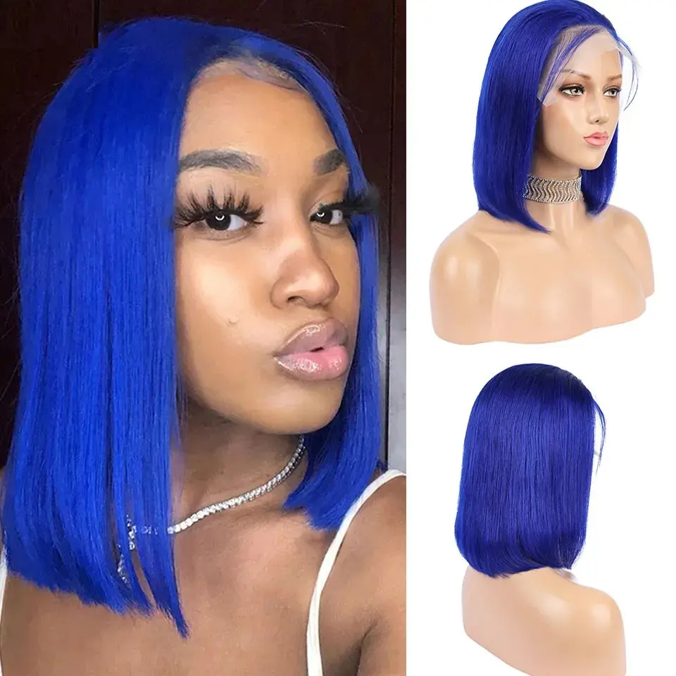 

Light Blue Lace Front Transparent Lace Frontal Wig 13x4 Lace Human Hair Wig Brazilian Short Bob Straight Wigs Density 150%